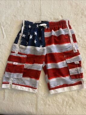 B Split American Flag Cargo Swim Trunks - Stars & Stripes SZ 12